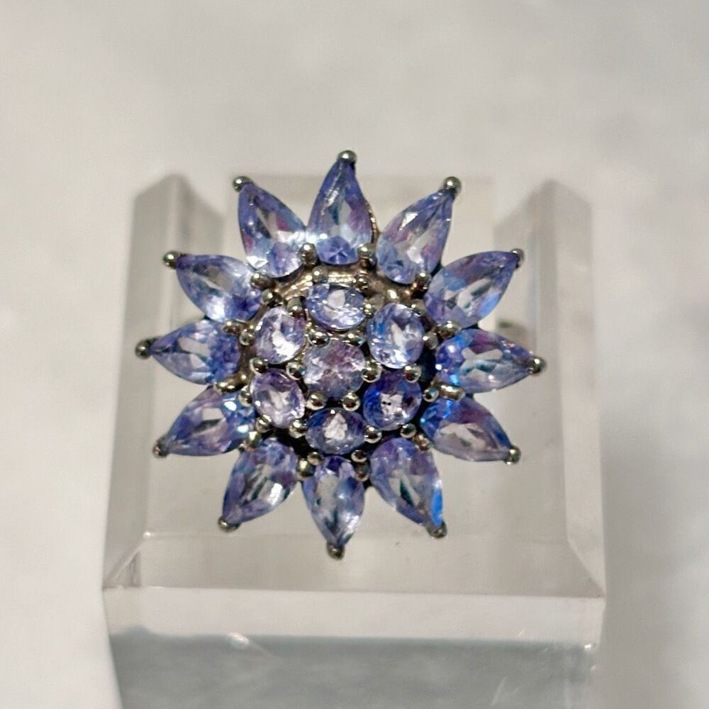 Antique Sterling Silver & Tanzanite Starburst Flower Cocktail Ring Blue Sz 4.75